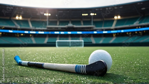 Field Hockey Stick and Ball on Wet Turf