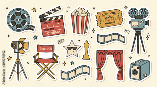 Canvastavla Vintage cinema sticker set with movie production icons, retro film industry elem