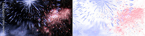 Patriotic red white and blue fireworks explosion isolated on transparent background for festive holiday graphic design.