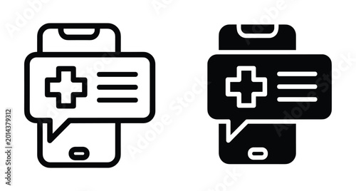 Mobile health application icon set featuring smartphone with medical cross notification bubble for online doctor consultation and digital healthcare services