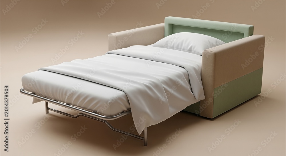Fototapeta premium Compact sofa bed with crisp white bedding and pillow, neatly unfolded for comfortable sleep in a modern, light-filled room