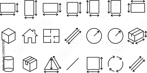 Measurement and dimension outline icons set with geometric shapes arrows and scale symbols vector illustration collection