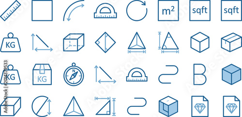 Photography Measurement and geometry blue outline icons set with scales dimensions shapes an