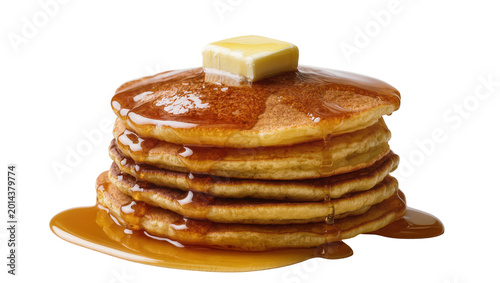 Fotografía Isolated delicious stack of fluffy golden pancakes dripping with sweet maple syrup and melting butter