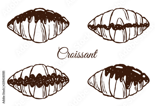 Hand drawn croissant vector illustration. Outline sketch style croissant on white background. doodle design in brown color