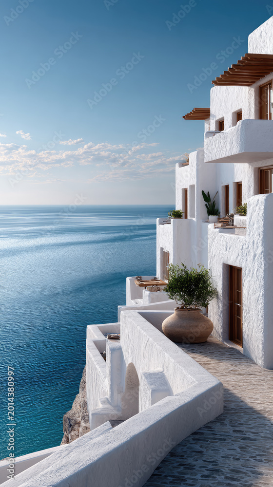 Fototapeta premium White mediterranean cliffside architecture with multiple balconies overlooking the tranquil Aegean sea, reflecting clear blue sky and summer vacation calm