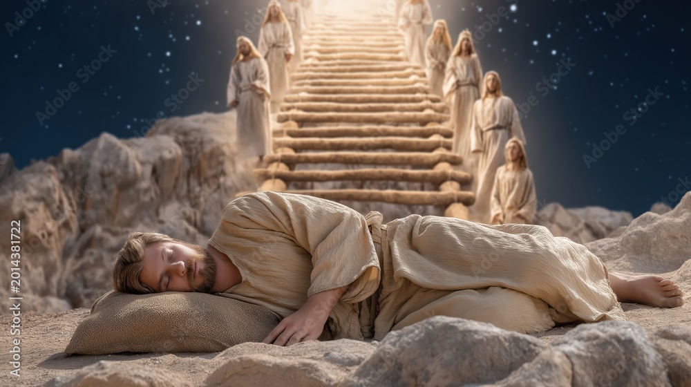 Obraz premium A visionary yet realistic scene of jacob’s ladder with jacob sleeping on rocky desert ground as a glowing ladder rises into the night sky with angels ascending and descending under divine light.