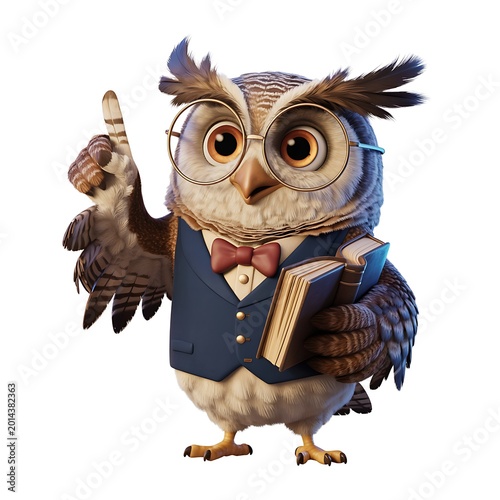 3D cartoonish owl professor isolated on white background