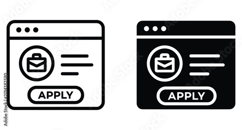 Job application web interface icon set showing online recruitment portal with briefcase symbol and apply button for career hiring process