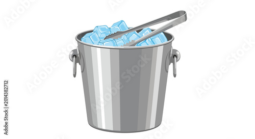 Shiny Metal Ice Bucket Filled with Cold Blue Ice Cubes and Serving Tongs Illustration