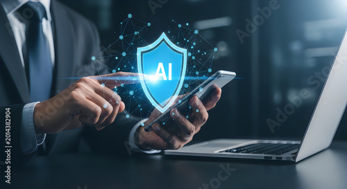Artificial intelligence security concept businessman interacting with ai shield on smartphone