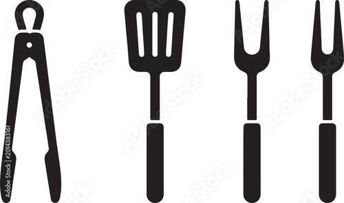 Fotografie A set of black silhouette barbecue grilling tools, including tongs, a spatula, a