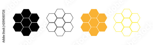 Set of honeycomb icons. Yellow color vector illustration isolated on white background. Symbol of beehive, bee, honey, hive, beekeeping icons collection in line, flat, and color style.
