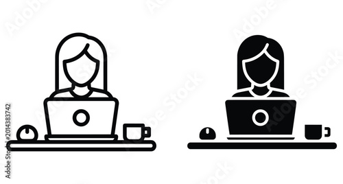 Woman working on laptop computer at desk with mouse and coffee cup icon set in outline and solid black style
