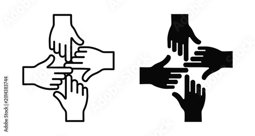 Teamwork collaboration icon set with four hands pointing to center representing unity partnership cooperation community support connection and collective effort