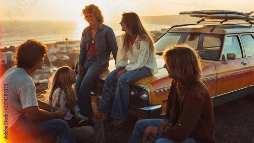 Group of Friends with Vintage Station Wagon at Beach Sunset in 1970s Retro Style