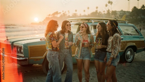Group of Friends with Vintage Station Wagon at Beach Sunset in 1970s Retro Style