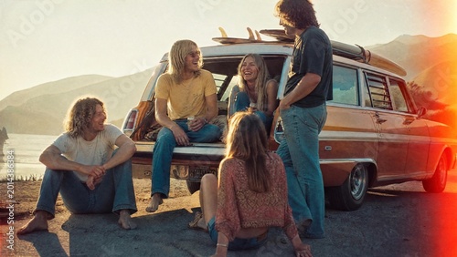 Group of Friends with Vintage Station Wagon at Beach Sunset in 1970s Retro Style