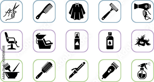 Professional Hair Salon and Barbershop Icon Set: Vector Hairdressing Tools, Beauty Parlor Equipment and Hair Care Accessories