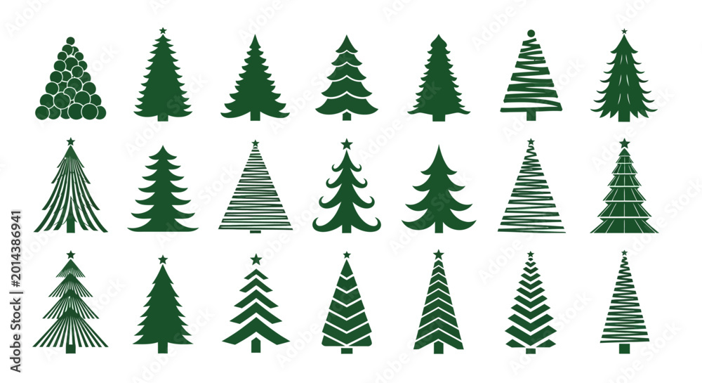 Obraz premium Minimalist Christmas tree icons set, 21 green pine tree silhouettes, modern fir tree vector collection for holiday branding and winter decor