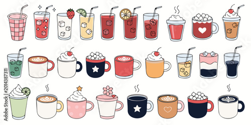 Fotografi Large collection of various colorful drinks including coffee, tea, and juices wi