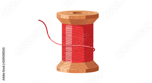 Red Sewing Thread Wound on Vintage Wooden Spool Illustration for Needlework and Craft Projects