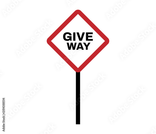 Red diamond shaped give way traffic warning sign for road safety and driving instruction
