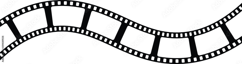 Fototapeta premium Black wavy film strip silhouette vector illustration. Curved cinema reel band with perforated frame design. Retro movie filmstrip graphic for media and entertainment layout. 