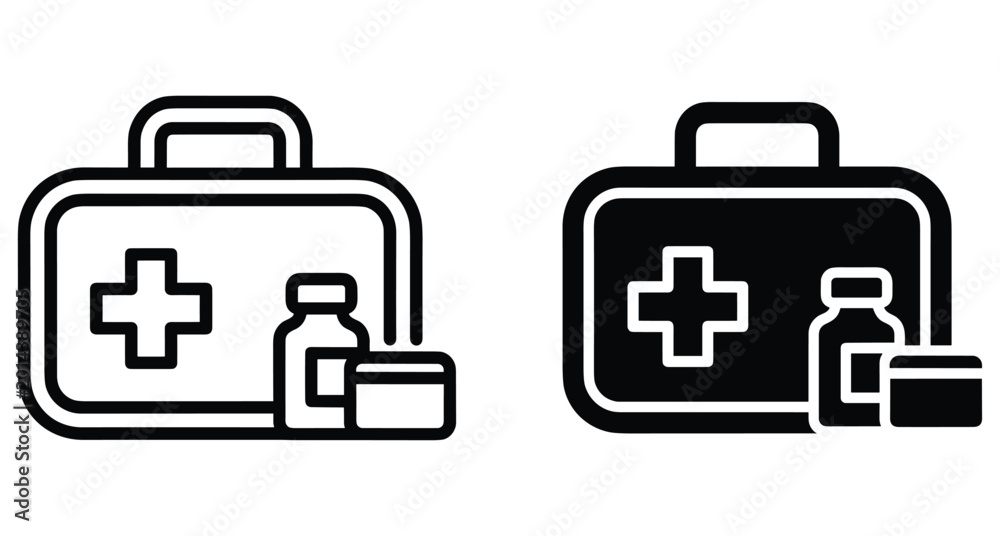 Fototapeta premium medical first aid kit icon set with medicine bottle and ointment jar for healthcare emergency treatment and hospital supplies graphic