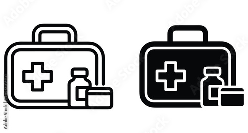 medical first aid kit icon set with medicine bottle and ointment jar for healthcare emergency treatment and hospital supplies graphic