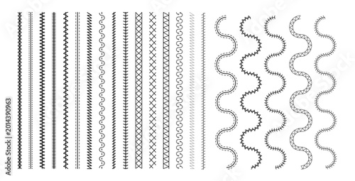 Embroidery stitch. Sewing seam borders, brushes and seamless textile patterns with editable stroke path, isolated on white background. Vector set