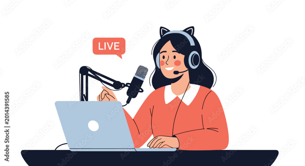 Fototapeta premium Young woman with cat ear headphones live streaming or recording a podcast with a professional microphone.