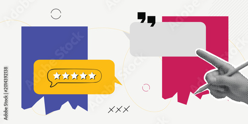 Five stars rating in speech bubble with paper cut style background and pointing hand design element.