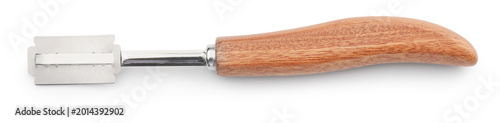 Fotografie One bread lame with wooden handle isolated on white, top view