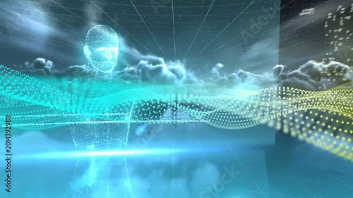 Cyan glow starting avatar forming, rotating right, waveform moving at chest panels visualizing data
