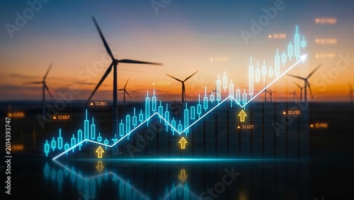 Wind Power Investment Boom Digital financial graph overlays a wind farm, symbolizing robust growth and the promising future of renewable energy