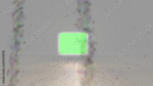 Light appearing revealing retro TV screen shifting from white to green for keying while wire moving