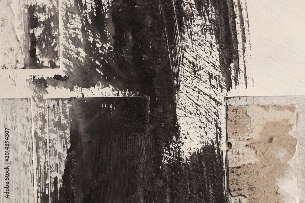 Fototapeta premium Torn, ripped blot crack crumble frame paper pieces, Ink painting smear Brush stroke. Black, beige white copy space grunge relief grain texture Poster background.