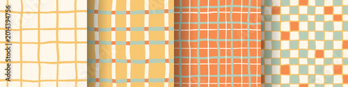 Cottagecore gingham and check seamless patterns bundle, hand drawn wobbly plaid stripes in warm kitchen colors for table linens, aprons, packaging and cozy farmhouse textiles. Vector
