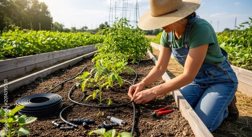 Woman farmer installing drip irrigation on a raised garden bed, an efficient watering system for small farm or home garden.