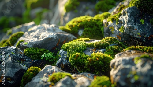 A close-up view showcases a collection of rocks densely covered in vibrant green moss, bathed in warm sunlight, creating a serene and natural scene.
