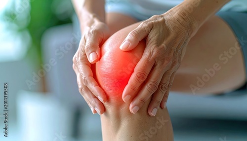 An elderly person gently holds their knee, highlighting the area with a red glow to represent pain and discomfort, suggesting potential joint issues or injury.