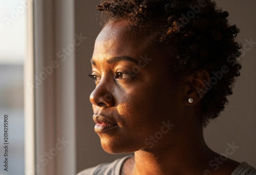 contemplative Black woman stands before a window, her gaze directed outward as a vibrant sunset casts a warm glow, suggesting a moment of introspection and serene reflection.