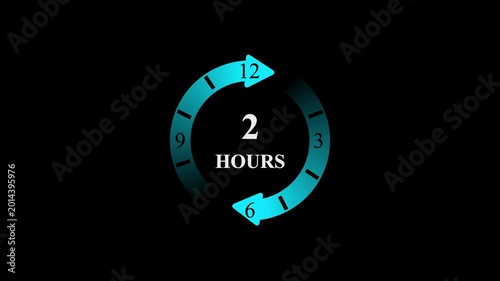 2 Hours Digital Countdown Timer Animation with Blue Neon Rotating Arrows and Clock Face for Time Management and Deadline Concept on Black Background.