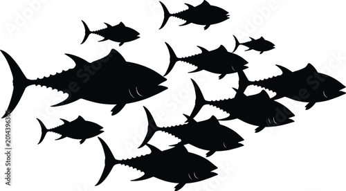 Photos Silhouette of a School of Tuna Swimming Together, Vector Illustration of Marine Life, Black Fish Icons for Nautical Design, Sport Fishing Background, Aquatic Animal Grouping