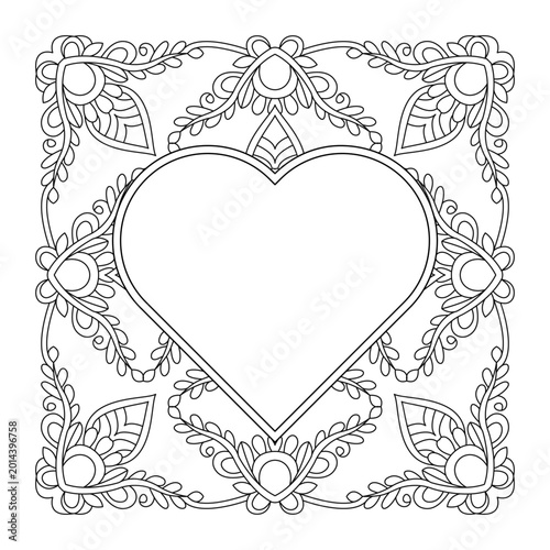 Floral vector heart frame with ornate Victorian leaves and decorative flower border design