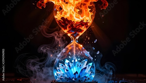 Eternal Time's Embrace: An hourglass, with a top filled with flames and a bottom sparkling with ice crystal, symbolizes the passage of time and the interplay of fire and ice.