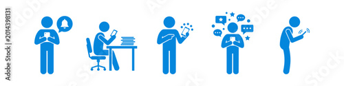 Fotografie Blue vector icon set depicting smartphone addiction and digital distraction, featuring notifications, social media obsession, procrastination at work, and poor posture caused by mobile use
