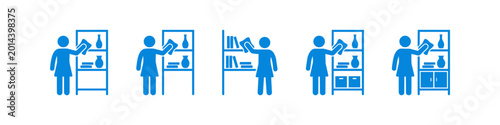 Fotografija A set of blue icons illustrating a person cleaning, dusting shelves, and organizing books and vases in a home environment, ideal for housekeeping and domestic service themes