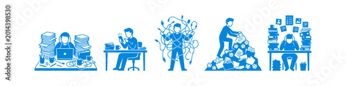 Konstfotografi Vector illustration set depicting workplace stress, disorganization, burnout, and digital overload with cluttered desks, tangled cables, and paper piles